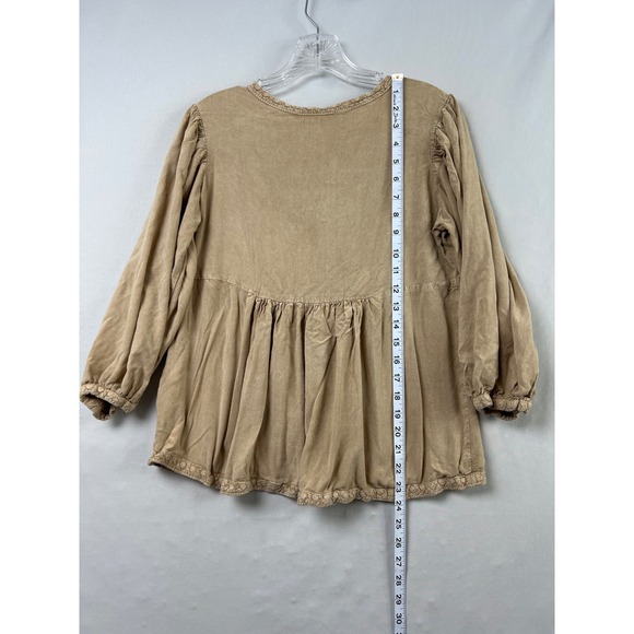 Solitaire Peasant Blouse Womens Medium Tan Embroidered Boho Puff Sleeve - Picture 5 of 9
